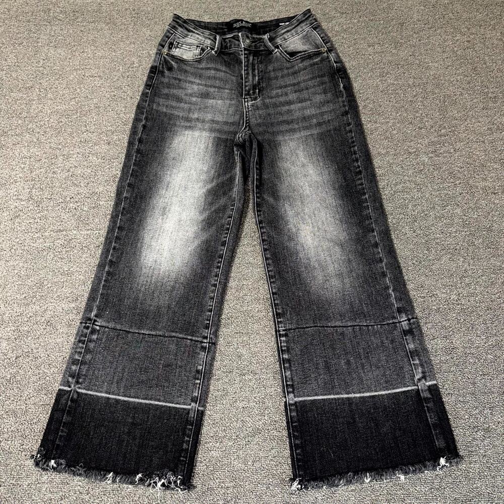 Judy Blue Wide Leg Crop Jeans Womens 1/25 Gray Denim Cotton Raw Hem Mid Rise